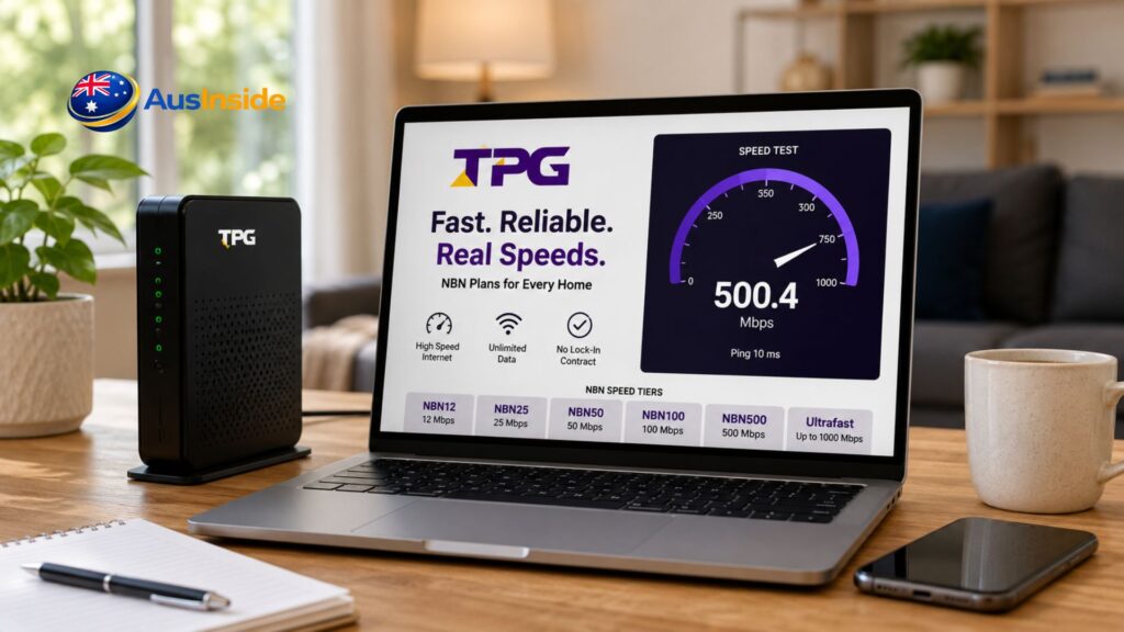 Modern home office workspace with a Wi-Fi router and laptop displaying TPG internet speeds, NBN plans, and a 500 Mbps speed test for fast broadband performance.