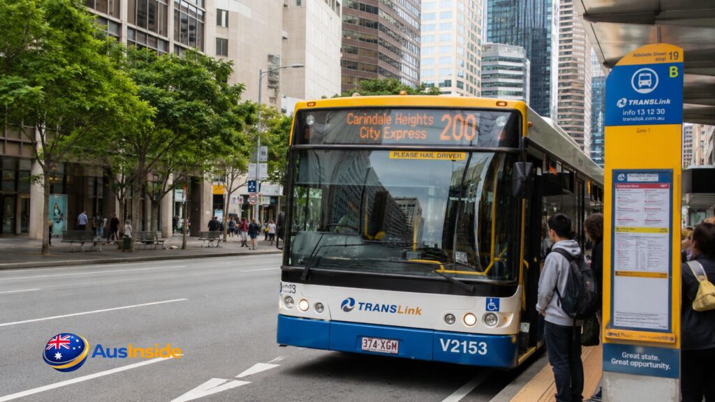 Route 200 Brisbane City Express bus stopping at a TransLink bus stop in Brisbane CBD with passengers boarding during daytime.