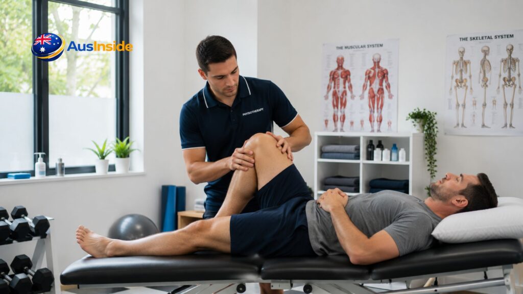 Physiotherapist performing knee rehabilitation therapy with a patient in a modern Australian physiotherapy clinic.