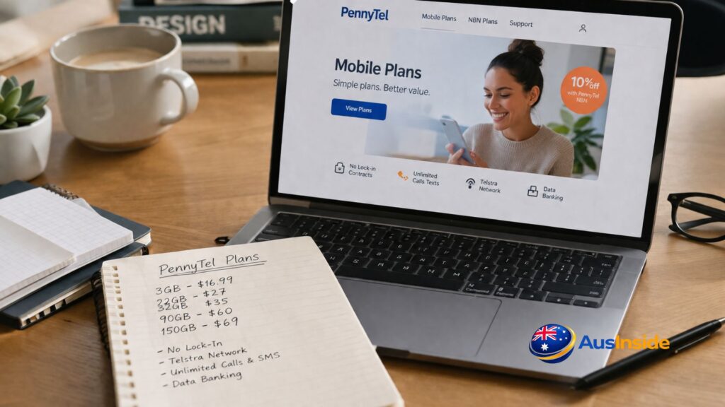 Laptop displaying PennyTel Mobile Plans 2026 beside handwritten plan notes on a modern wooden desk, illustrating mobile plan comparison and research.