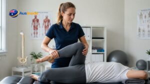 Physiotherapist providing leg rehabilitation therapy to a patient in a modern Australian physiotherapy clinic.