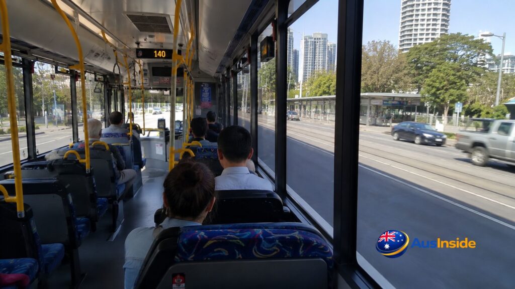 Passengers travelling inside a Route 140 Brisbane bus with modern seating, large windows, and views of the city during a daytime journey.