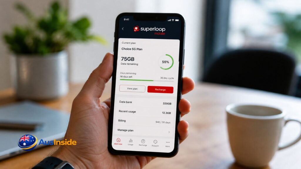 Superloop Mobile Plans 2026 dashboard displayed on a smartphone, showing 5G prepaid plan details, remaining data, data bank, and recharge options in Australia.