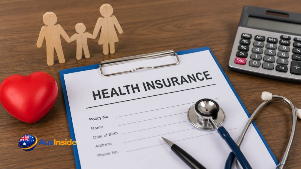 Health insurance application form with a stethoscope, calculator, heart model, and wooden family figures on a desk, representing health coverage planning and insurance costs.