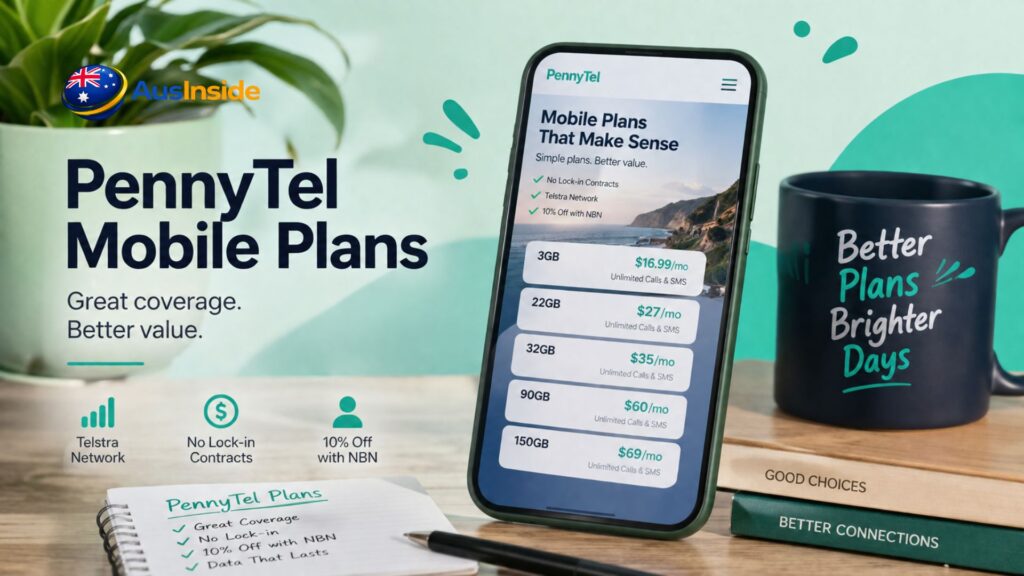 Smartphone displaying PennyTel Mobile Plans 2026 on a modern desk with stationery and coffee, highlighting affordable SIM-only plans and Telstra network coverage.