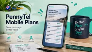 Smartphone displaying PennyTel Mobile Plans 2026 on a modern desk with stationery and coffee, highlighting affordable SIM-only plans and Telstra network coverage.