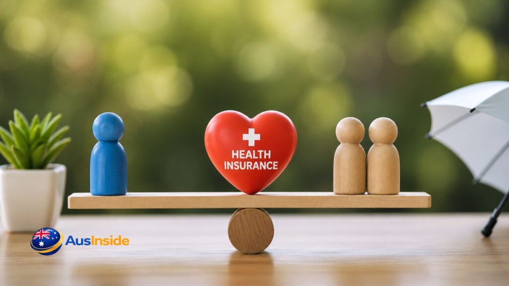 Balance scale with one individual figure and two couple figures beside a heart labeled health insurance, illustrating the comparison between single and couple health insurance plans.