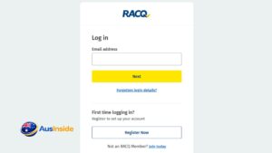 RACQ insurance member login page showing the email sign-in form, registration option, and member account access for RACQ services in Australia.