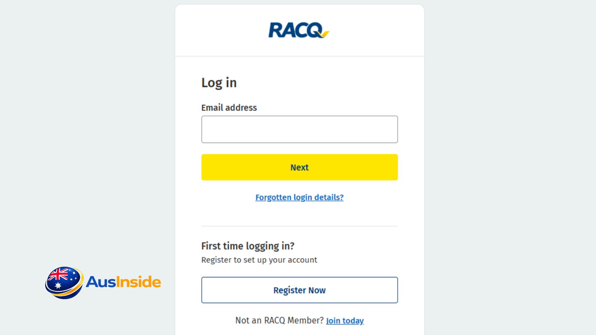 RACQ insurance member login page showing the email sign-in form, registration option, and member account access for RACQ services in Australia.