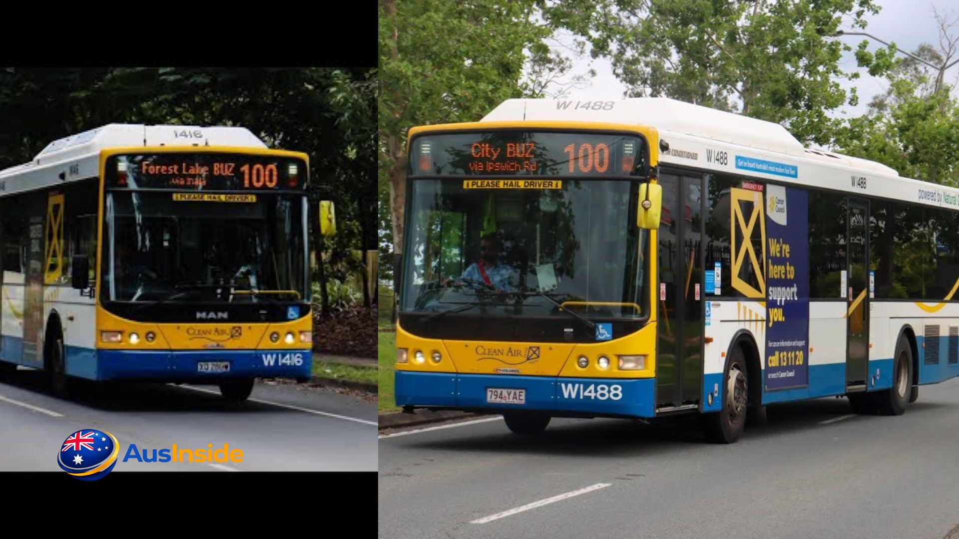 Route 100 Brisbane buses side by side, showing two Translink buses operating on the Forest Lake to Brisbane City route in Queensland, Australia.