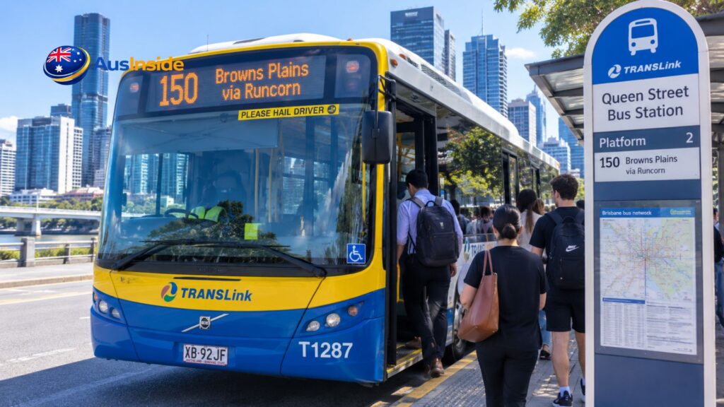 Route 150 Brisbane Cityxpress bus picking up passengers at Queen Street Bus Station in Brisbane CBD on a bright sunny day.