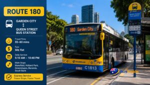 TransLink Route 180 express bus travelling between Garden City Shopping Centre and Queen Street Bus Station in Brisbane with route information displayed.