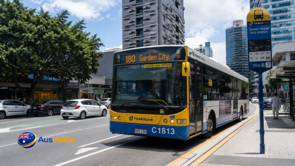 TransLink Route 180 bus at Queen Street Bus Station in Brisbane, providing express service between Garden City Shopping Centre and the Brisbane CBD.