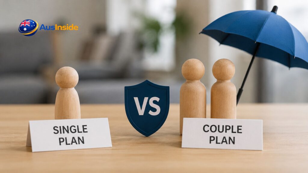 Single vs couple health insurance comparison using wooden figures, a blue umbrella, and a shield symbol representing coverage and cost differences.