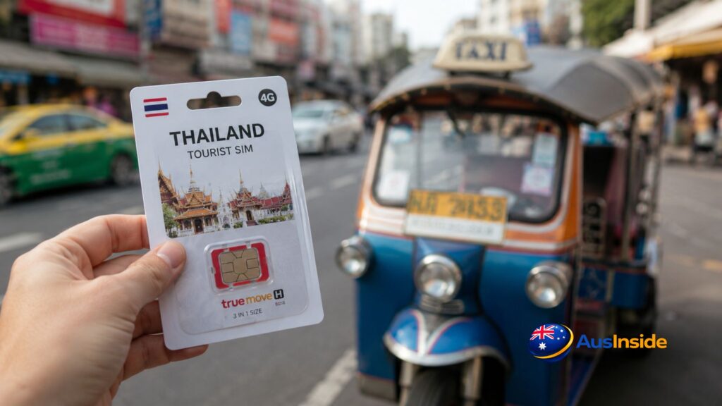 Traveler holding a tourist SIM card in a busy Asian city street with a tuk-tuk in the background, illustrating local mobile connectivity for travel across Asia.