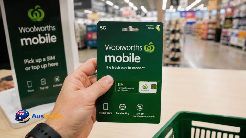 Woolworths Everyday Mobile SIM card pack on a wooden table with a smartphone displaying mobile plans and an Everyday Rewards card in a modern home setting.