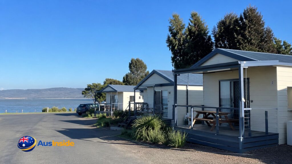 Bay View Holiday Village in East Devonport featuring modern beachfront cabins overlooking the Mersey River with ocean views in Tasmania.
