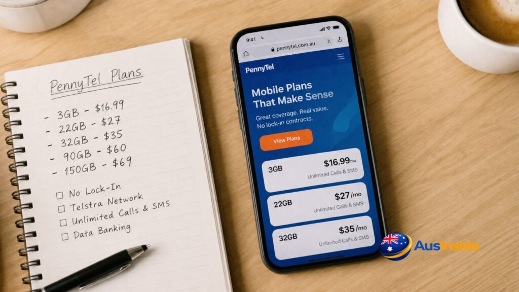 PennyTel mobile plans displayed on a smartphone beside a notebook showing plan prices on a wooden desk.