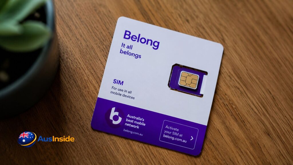 Belong SIM card starter pack on a wooden table, showcasing a SIM-only mobile plan with modern packaging for Australian mobile users.