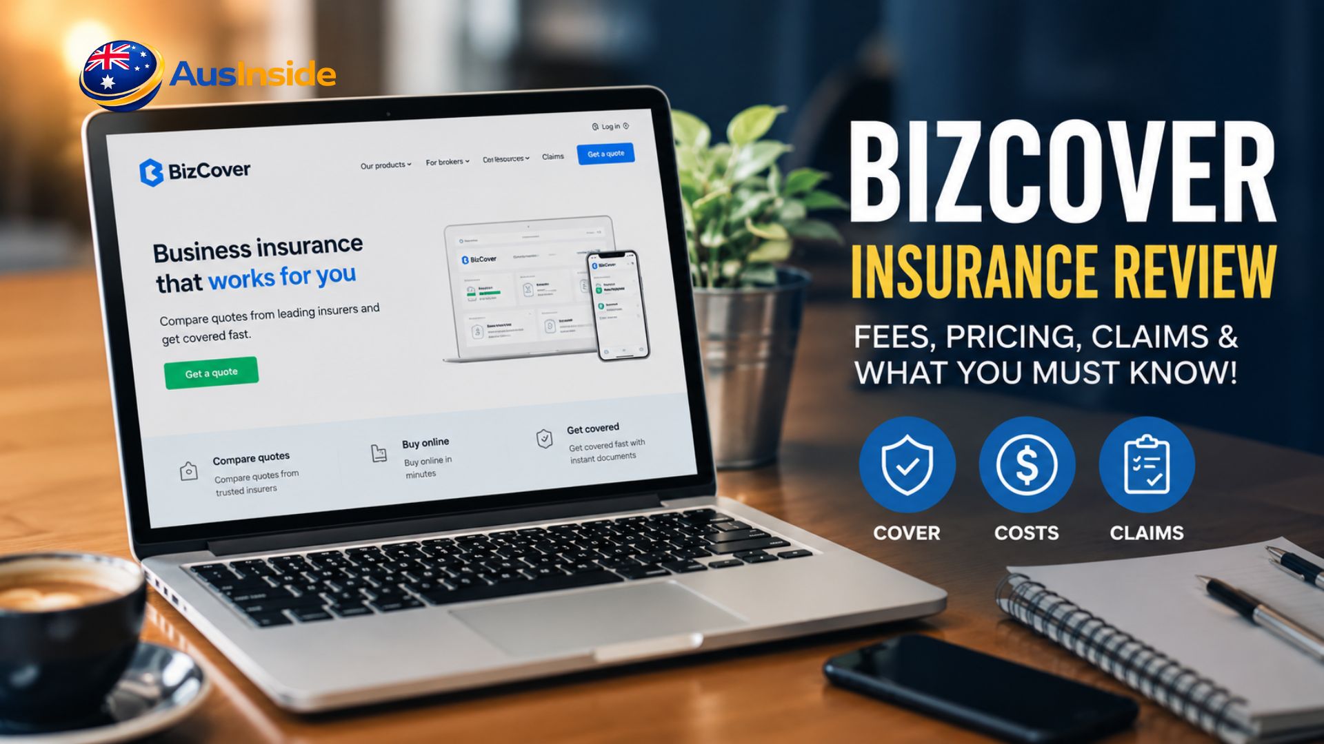 BizCover insurance review featuring a laptop, business insurance quotes, fees, pricing and claims information.