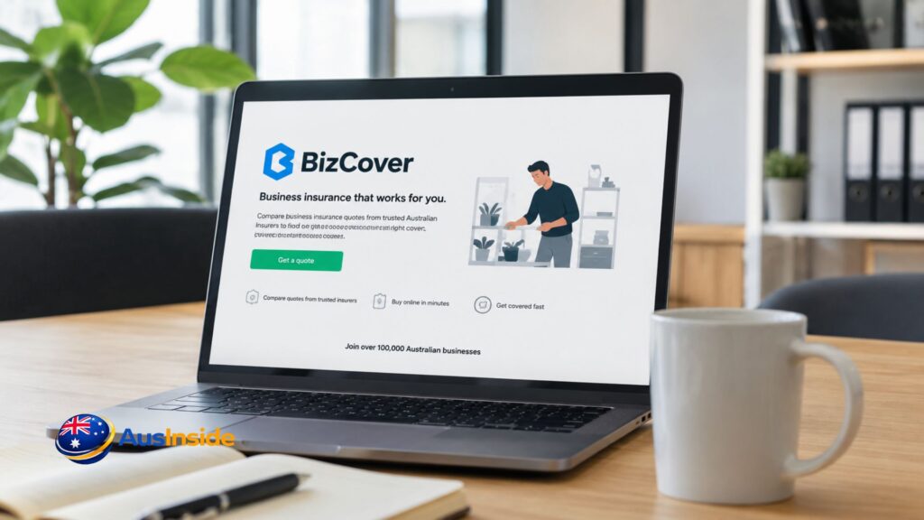 BizCover insurance review shown on a laptop in a modern Australian business office.