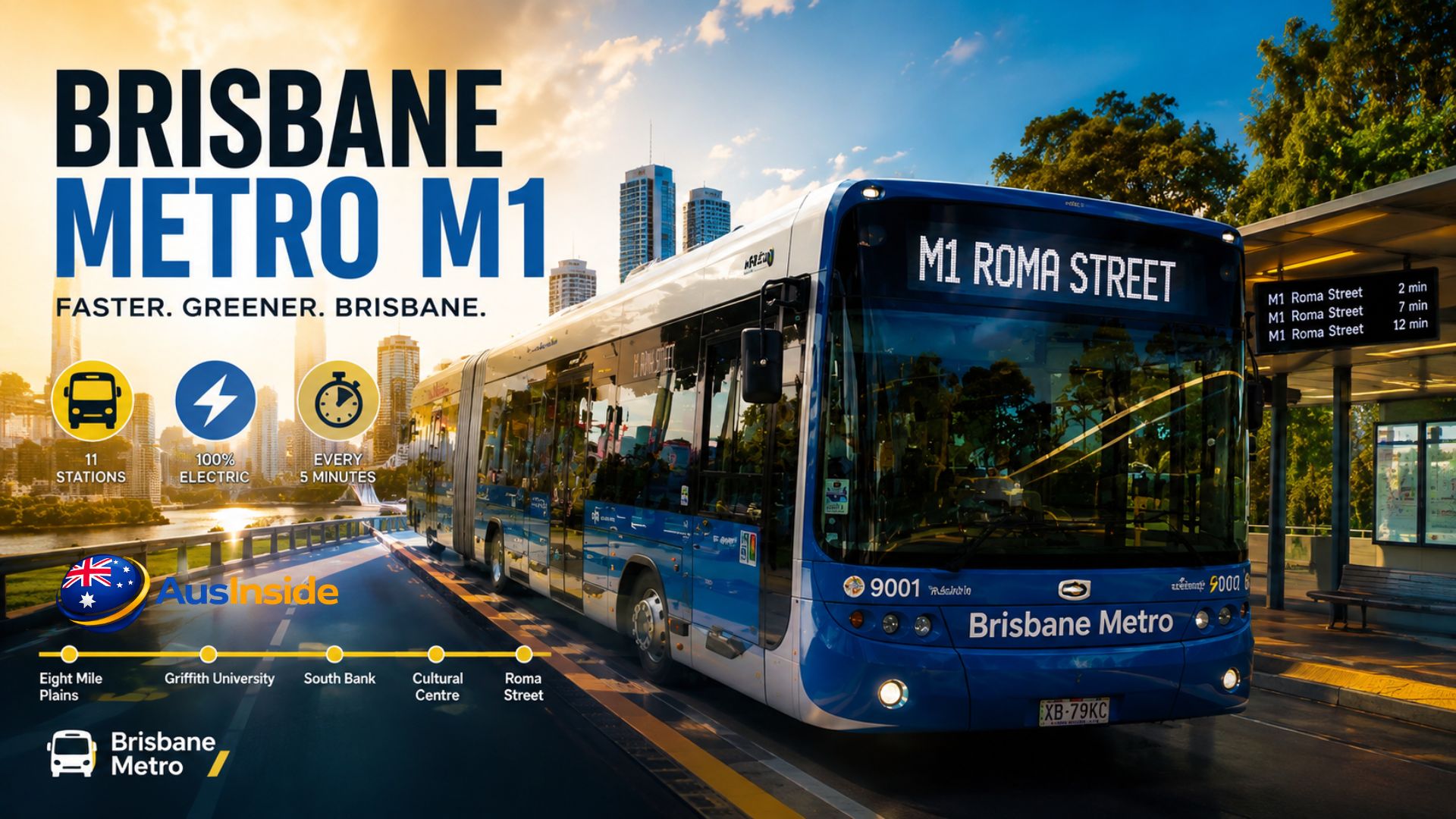 Brisbane Metro M1 bus arriving at Cultural Centre Station on a dedicated busway with the Brisbane skyline in the background.