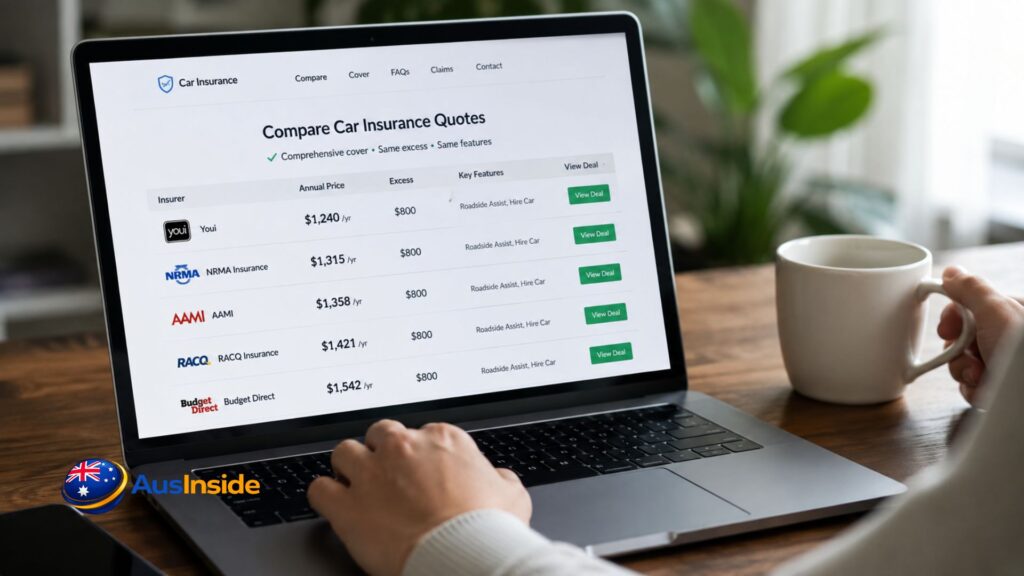 Compare Car Insurance Australia on a laptop showing quotes from multiple insurers to help drivers compare coverage, excess and premiums in 2026.