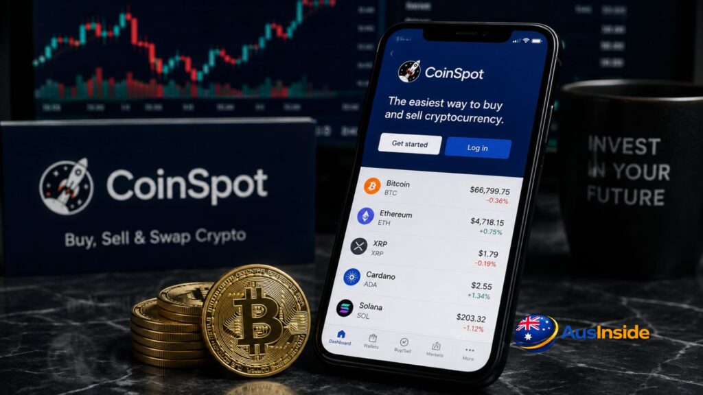 CoinSpot Australia crypto exchange app on a smartphone with Bitcoin coins and trading charts in the background.