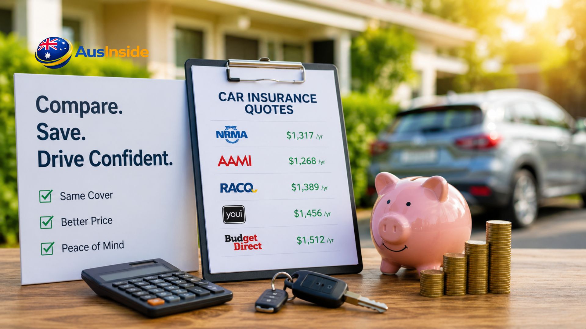 Compare Car Insurance Australia app showing multiple insurer quotes beside a savings checklist, car keys and piggy bank to help drivers find the best cover in 2026.