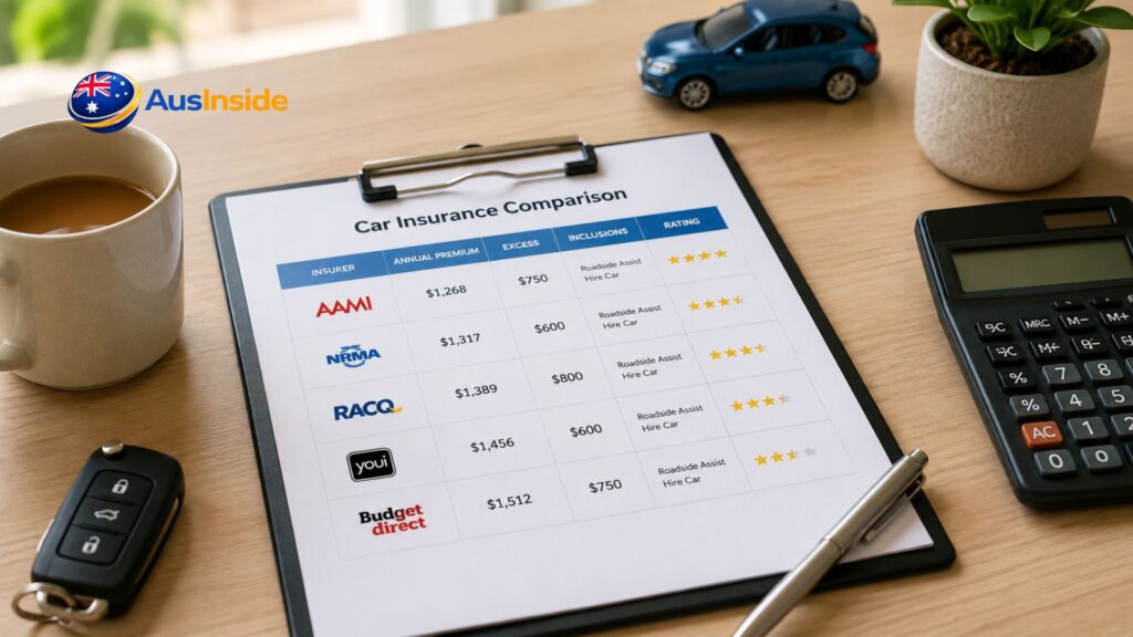 Car Insurance Comparison Australia checklist with insurer quotes, calculator, car key and coffee on a desk for comparing premiums, excess and coverage.
