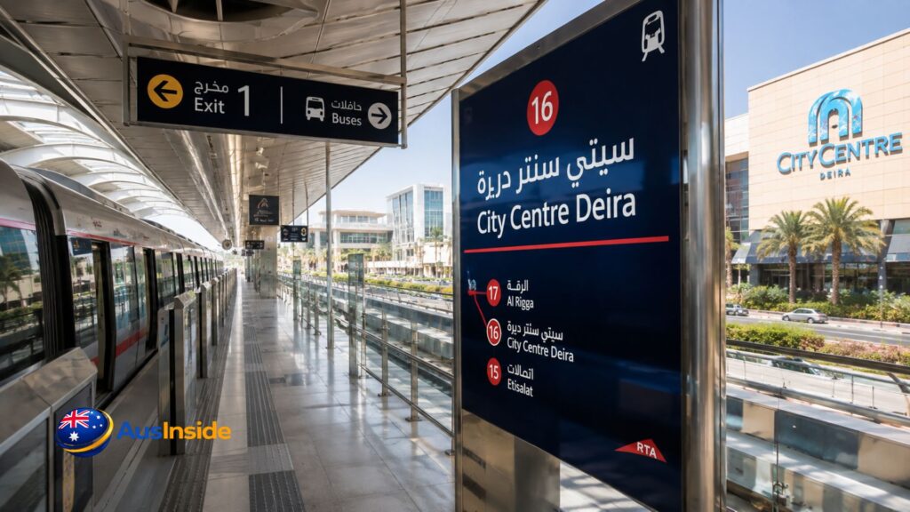 City Centre Deira Metro Station platform with Dubai Metro train, Exit 1 sign and station signage near Deira City Centre Mall.