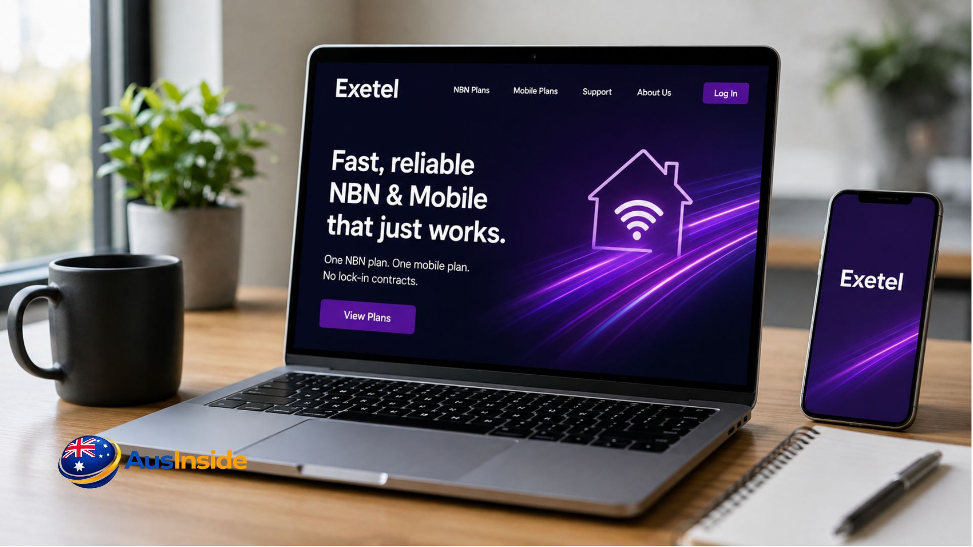 Exetel Plans 2026 feature image showing a laptop displaying Exetel NBN and mobile plans with a smartphone on a modern office desk.