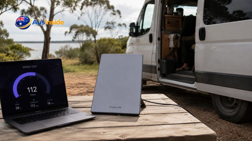Starlink Mini Australia providing high-speed satellite internet at a camper van campsite, with a laptop showing a speed test in a remote outdoor location.