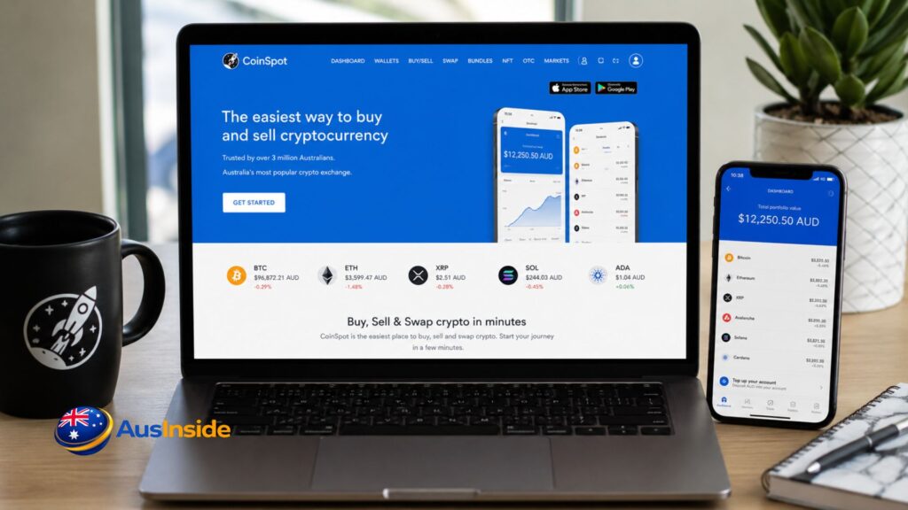 CoinSpot Australia crypto exchange displayed on a laptop and smartphone for a 2026 review.