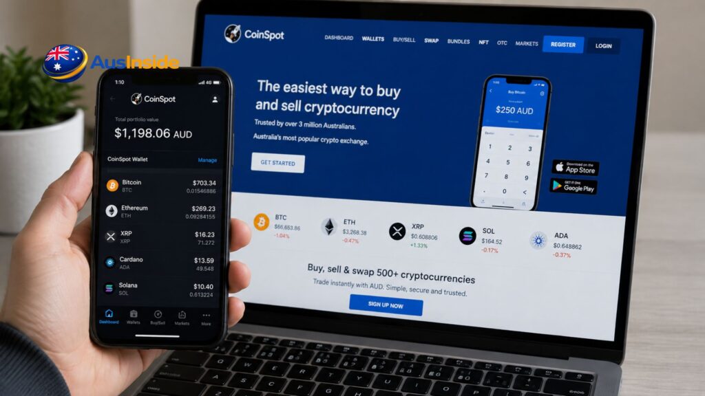 CoinSpot Australia crypto exchange app displayed on a smartphone beside a laptop for a 2026 review.