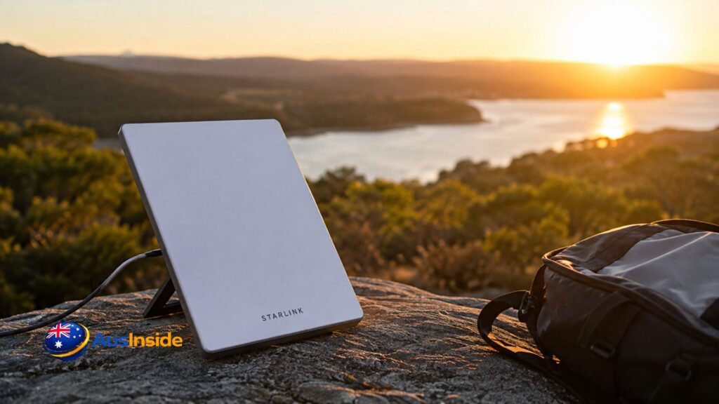 Starlink Mini Australia set up on a scenic lookout at sunset, showing portable satellite internet for camping, caravanning and remote travel.