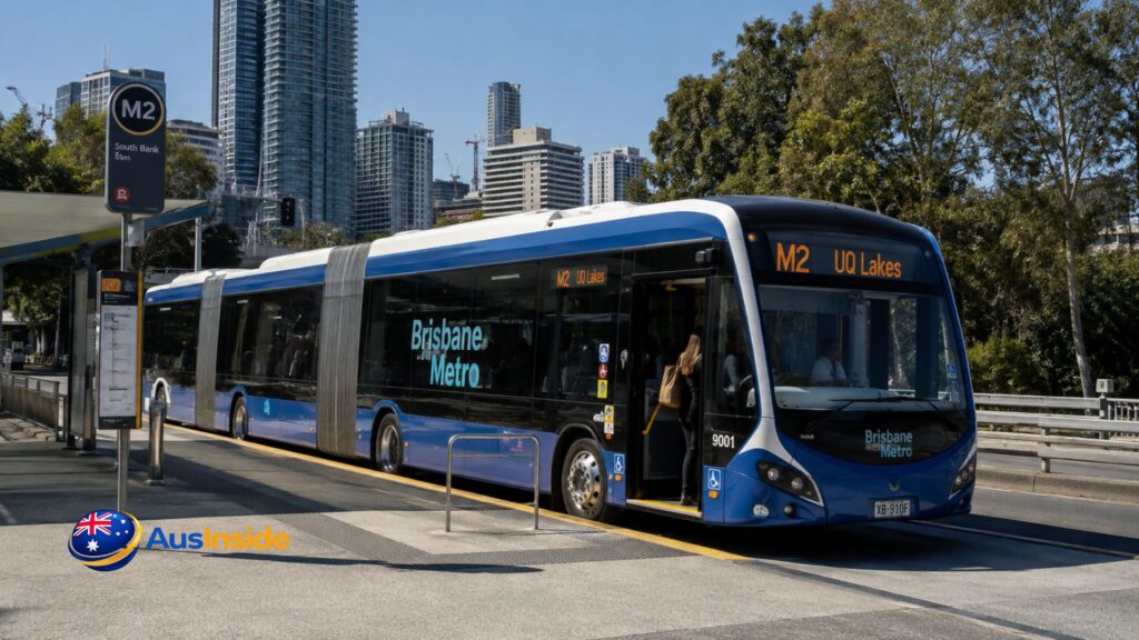 Brisbane Metro M2 electric bus arriving at a South Bank station in Brisbane with passengers boarding and the city skyline in the background.
