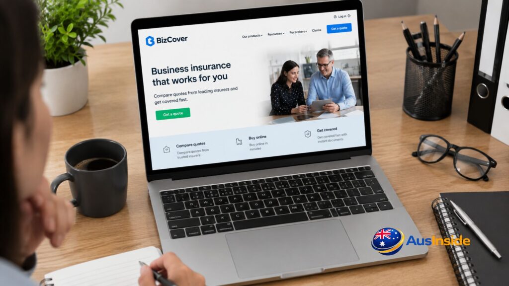 BizCover business insurance quote displayed on a laptop at a modern office desk.