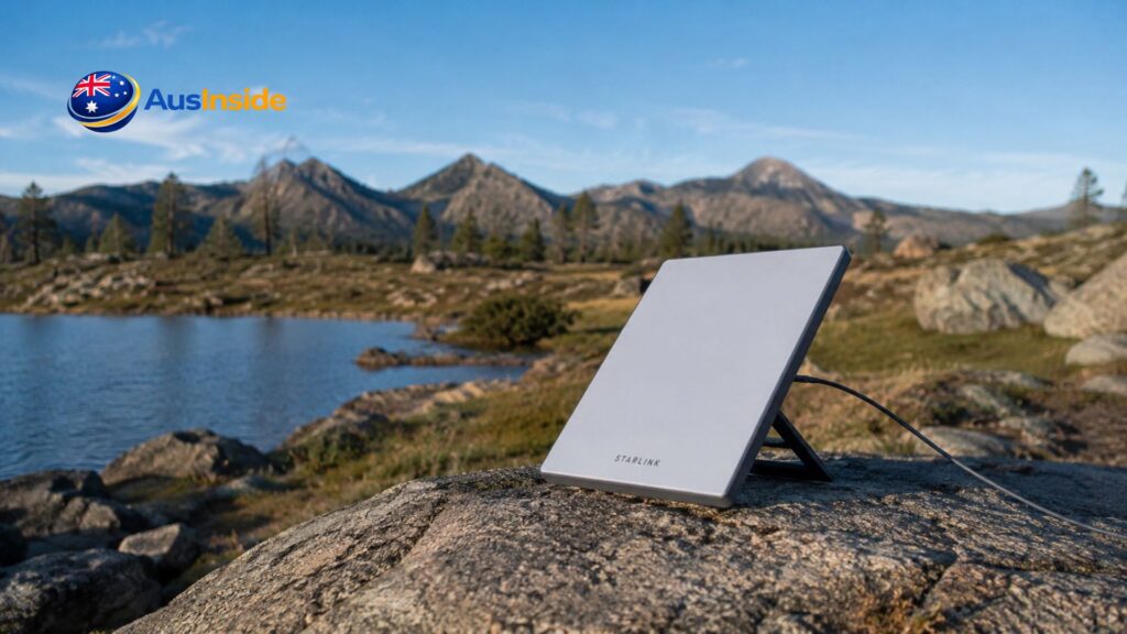 Starlink Mini Australia satellite dish set up beside a remote mountain lake, showing a portable internet connection in an off-grid outdoor location.