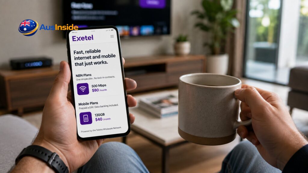 Exetel Plans 2026 displayed on a smartphone, showcasing NBN 500 and mobile eSIM plans in a modern Australian home setting.