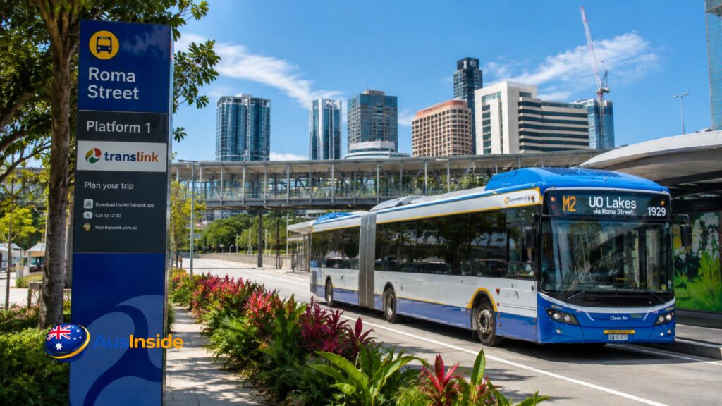 Roma Street Busway Station in Brisbane with buses arriving at the platform and passengers waiting.