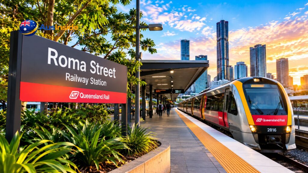 Roma Street Railway Station platform in Brisbane at sunset, featuring a Queensland Rail passenger train parked alongside the platform and a city skyline in the background.