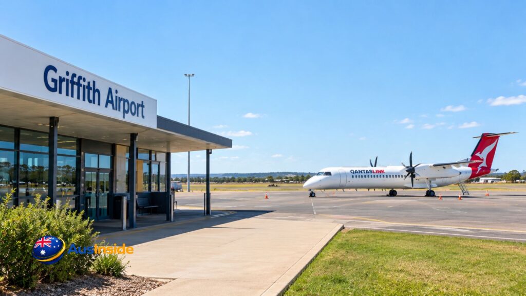 Griffith Airport terminal in NSW with a QantasLink turboprop aircraft parked on the runway apron.